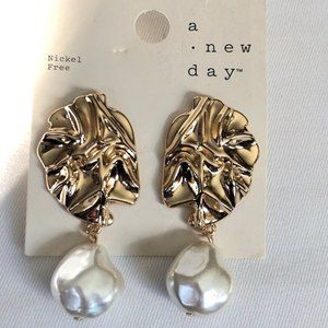 A New Day Gold Tone Pearl Dangle Stud Earrings NOC